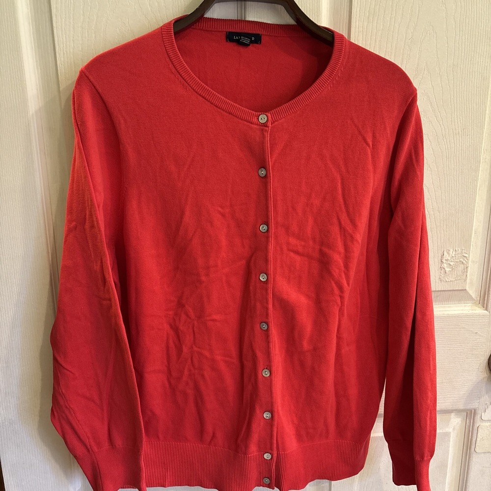 Lands End 1X Navy Red Cotton Blend Button-Front Cardigan Women's Sweater